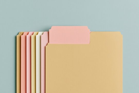 Organized row of file folders with a blank pink tab, featuring a soft matte texture and muted pastel tones for legacy planning and secure records