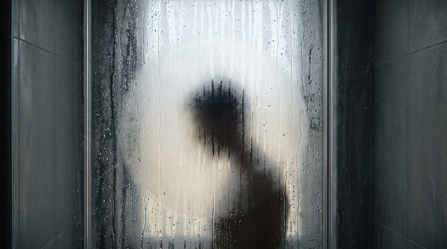 Silhouette of a person standing behind a wet frosted glass shower door with water droplets