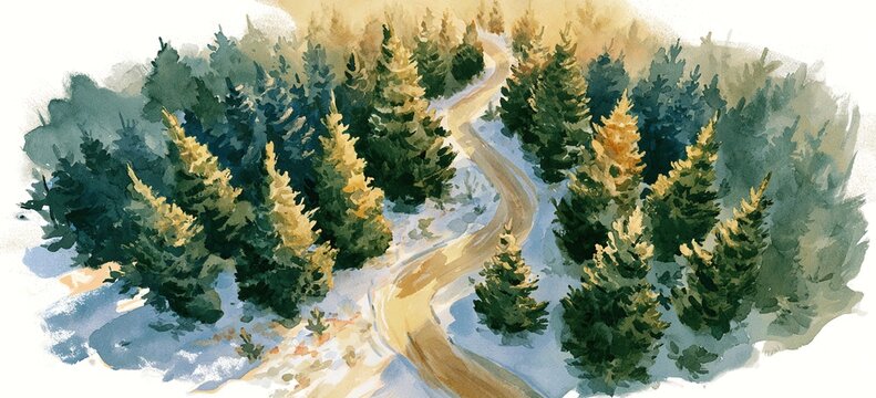 Impressionist watercolor winding path through Christmas tree forest, golden hour light on snow, empty pale sky for headlines