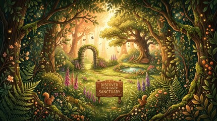 Fototapeta premium Enchanted Forest Sanctuary with Archway, Pond, and 'Discover Your Inner Sanctuary' Sign