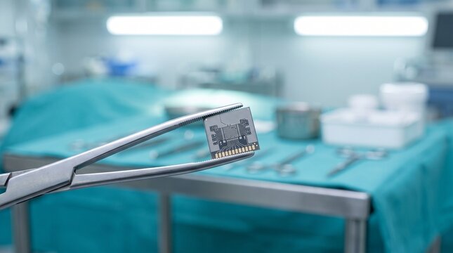 Surgical metal forceps holding a small electronic microchip in a sterile hospital operating room