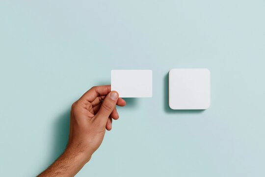 Hand holding a blank proximity card near a wall reader, featuring a smooth matte finish and bright lighting for identity verification and access mockup