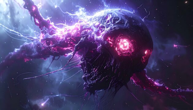 Cosmic purple entity floating in deep space nebula.