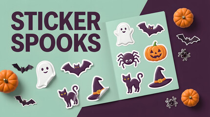 Fototapeta premium Halloween sticker spooks on page with pumpkin, ghost and bat for holiday decoration, party invite and kids crafts. Autumn, cat and spider with witch hat, orange and purple theme for October fun day a