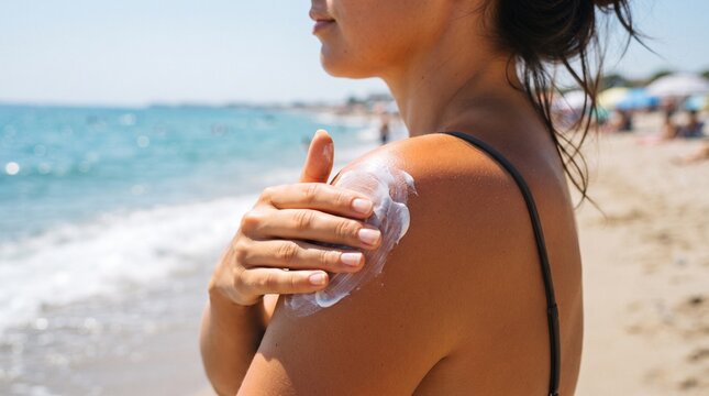 Woman applying white sunscreen lotion on her shoulder at a sunny sandy beach by the sea