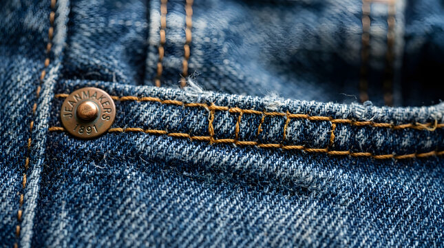 Blue denim texture with copper rivet button close-up