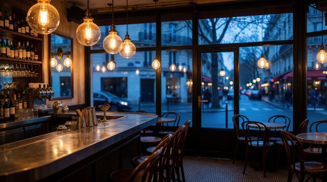 Empty french bistro bar at dusk Paris street scene outside. Warm Edison bulbs hang over zinc counter with seating. Cozy atmosphere ambiance restaurant interior.