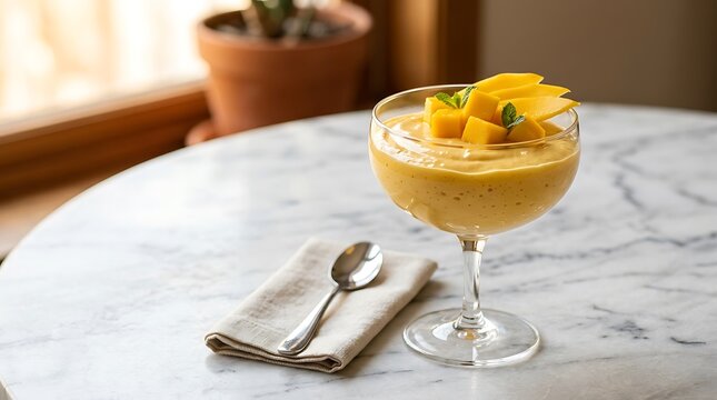 Fresh mango mousse dessert in a glass bowl with a spoon on a marble table in a bright cozy kitchen. Mango Mousse Recipe