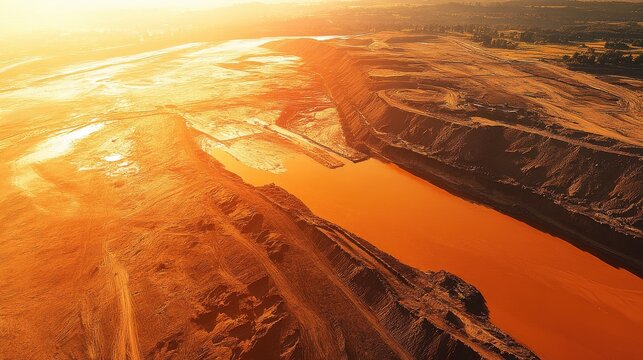 Aerial view of a massive orange coal slurry impoundment dam