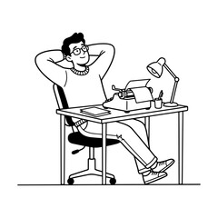 Fototapeta premium Satisfied male writer leaning back at his desk with a vintage typewriter, black and white line art illustration