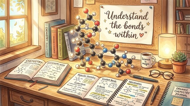 Cozy study desk with chemistry textbooks, molecular models, and a motivational quote for science education and learning