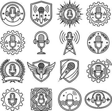 Set of podcast and audio broadcasting badges with vintage microphones