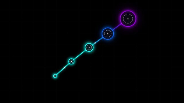 Futuristic Neon Cyan and Purple Upward Diagonal Progress Line Animation Loop with Glowing Nodes for Financial Growth and Data Milestone Concepts