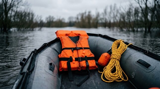 Inflatable rescue boat with life jacket and rope on flooded river