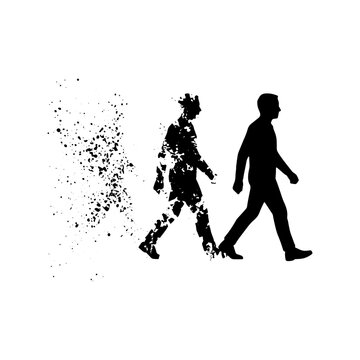 Silhouette of a man walking and slowly disintegrating into particles, concept of memory loss or disappearing