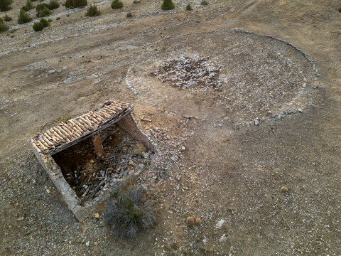 Aerial View of an Abandoned Masia Farmhouse in Rural Aragon, Spain
