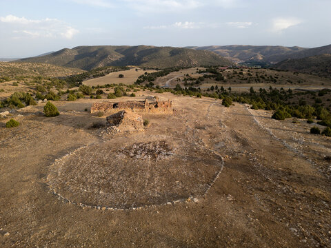 Aerial View of an Abandoned Masia Farmhouse in Rural Aragon, Spain