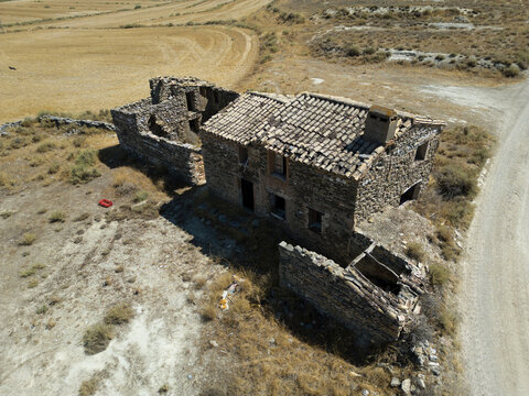 Aerial View of an Abandoned Masia Farmhouse in Rural Aragon, Spain