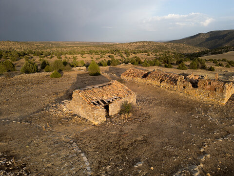 Aerial View of an Abandoned Masia Farmhouse in Rural Aragon, Spain