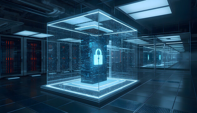 Cybersecurity Concept with Digital Shield in a Futuristic Data Center