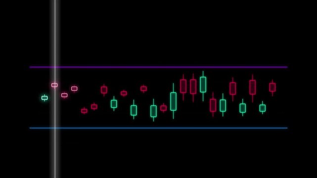 Glowing neon stock market candlestick chart and trading analysis loop on a dark background - 4K video