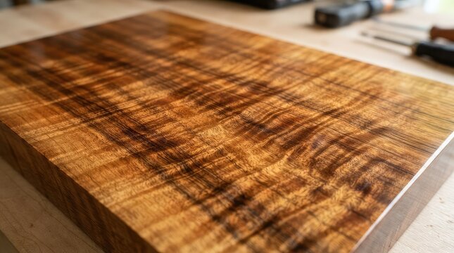 Polished curly koa wood board on workbench