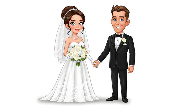 Bride and Groom Cartoon Wedding Isolated on White