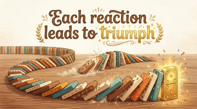 Domino effect chain reaction leading to triumph, symbolic of success, progress, and positive outcomes