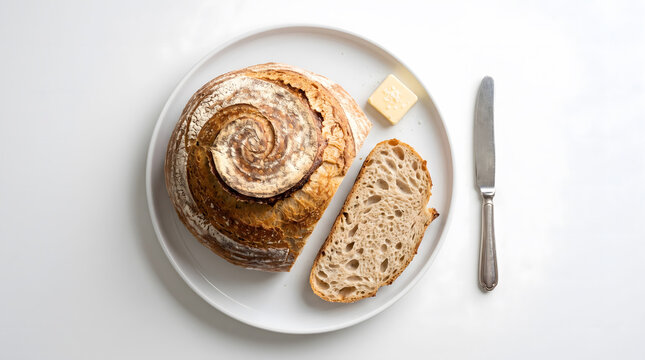 Freshly baked sourdough bread loaf with sliced piece, butter and knife on white plate and top view