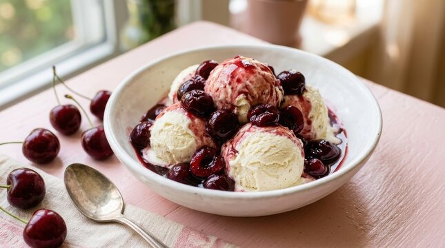 Delicious ice cream with cherries on pink table , Harvest picking season, Fresh healthy fruits.