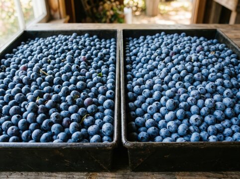 Freshly harvested blueberries in rustic wooden trays , Harvest picking season, Fresh healthy fruits.