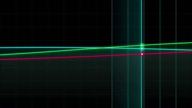 Futuristic Neon Cyan, Green, and Red Laser Grid Data Scan and Tracking Line Animation Loop for Cyber Technology and Financial Market Analysis Overlays