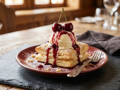 Delicious dessert with cherries and cream , Harvest picking season, Fresh healthy fruits.
