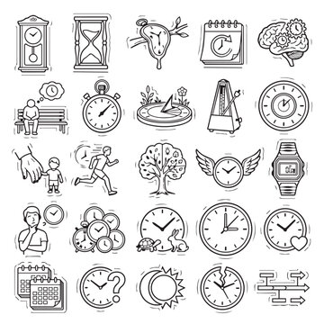 Time and chronology concept doodle icons featuring clocks and hourglasses hourglass timer wall clock pocket watch