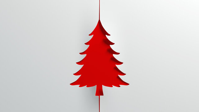 Minimalist Red Paper Cutout Christmas Tree Greeting Card Background - 3D rendering