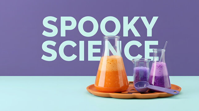 Spooky science, Halloween and laboratory for kids with experiment, chemistry and education. Fun activity, beakers and potions with bubbling liquids, school and learning for october holiday magic