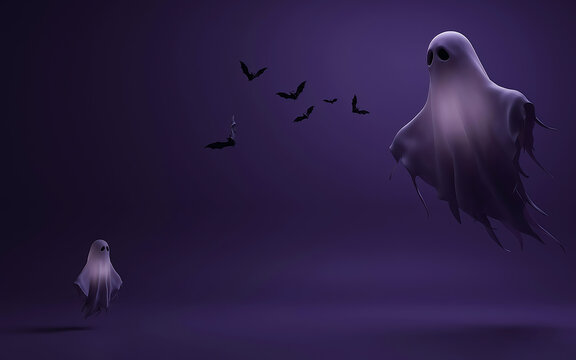 A spooky ghostly figure floating in a dark purple atmosphere with a small mysterious bird flying towards it in a haunting halloween themed scene