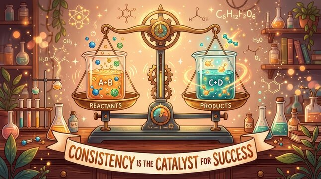Chemistry laboratory balance scales showing chemical reaction of reactants A+B transforming into products C+D, symbolic representation of science and