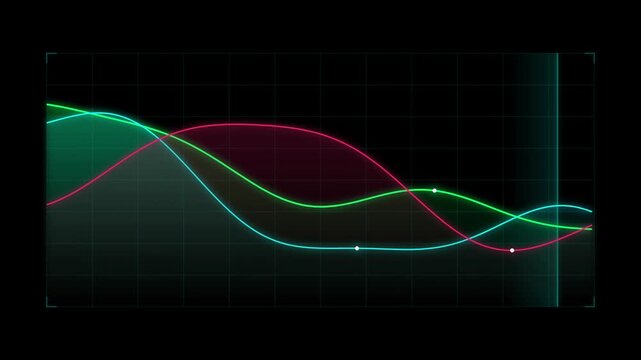 Glowing multicolored neon wave lines and data analysis HUD graph animation on a dark background - 4K video