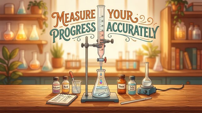 Chemistry laboratory setup with titration equipment and colorful glassware, promoting accurate progress measurement in science and education.