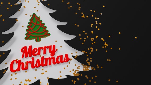 Merry Christmas Paper Cutout Card with Tree Silhouette and Gold Confetti on Black Background - 3D rendering