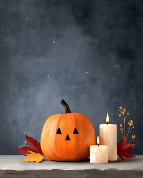 Classic Halloween oil painting with a large glowing pumpkin centerpiece surrounded by autumn leaves, candles, dried flowers and subtle spider webs, dark atmospheric background with moonlight,
