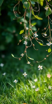 Delicate, swirling leaves and flowers dance across a soft grassy background, shape-shifting, gentle