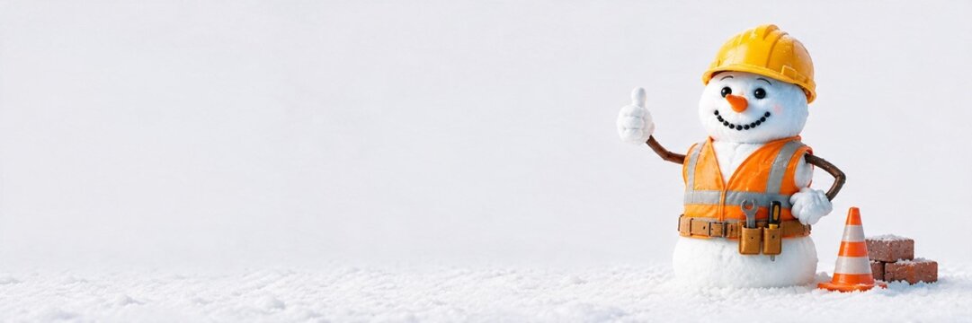 Construction Worker Snowman in Hard Hat Giving Thumbs Up, Minimalist Winter Construction Long Banner with Copy Space