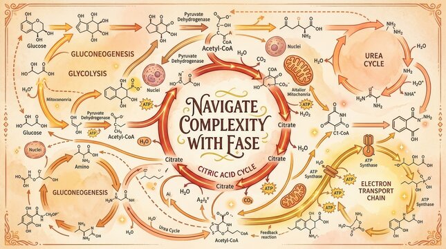 Detailed biochemical pathways diagram: Glycolysis, Citric Acid Cycle, Gluconeogenesis, Urea Cycle, and Electron Transport Chain illustrated with chemi