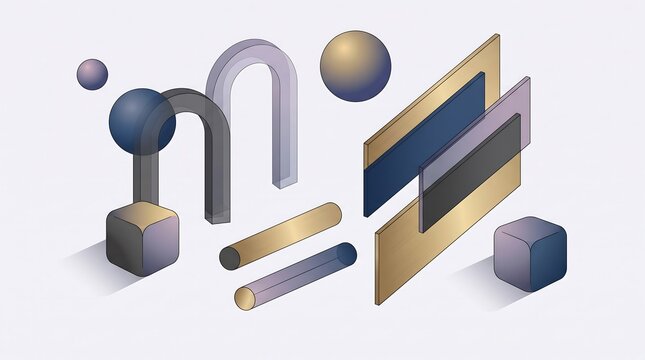 Abstract 3D geometric shapes composition with isometric spheres cubes and arches