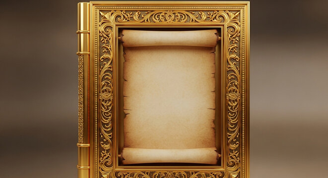 An ornate golden book featuring an open parchment scroll provides a magnificent setting for historical manuscripts, magical spells, or royal decrees within a dramatic cinematic atmosphere