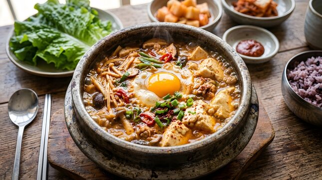 Traditional korean stone bowl bibimbap served with fresh side dishes and a raw egg yolk on top