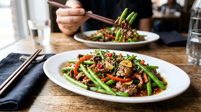 A delicious stir fry dish with green beans and meat served on a white plate in a restaurant