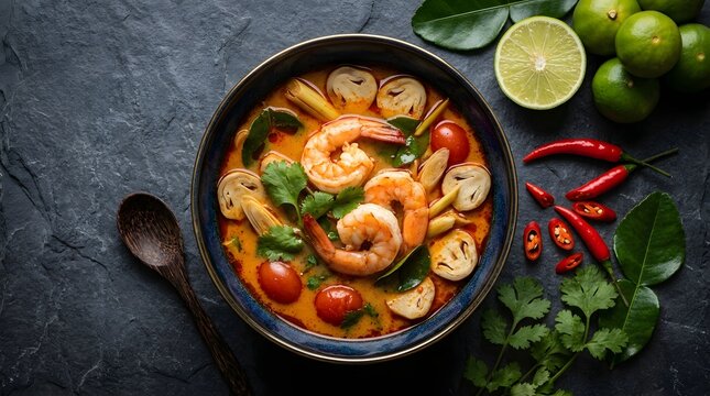 Delicious thai tom yum goong soup with fresh shrimp mushrooms and herbs served in a dark bowl